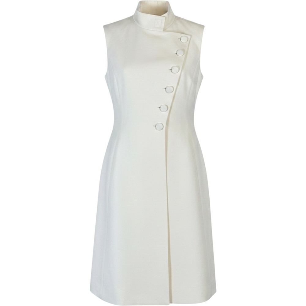Christian Dior Cream Wool Silk Sleeveless Asymmetric Button Coat Dress Size 6